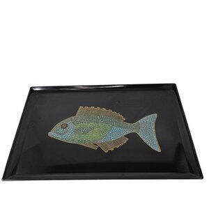 Vintage Couroc Monterey Fish Tray Lacquer Barware MCM Turquoise Inlay Mosaic
